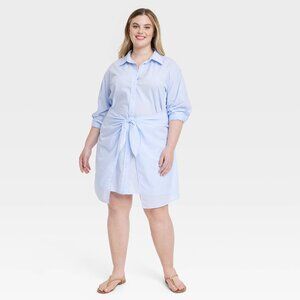 Long Sleeve Tie-Front Mini Shirtdress - Blue XXL